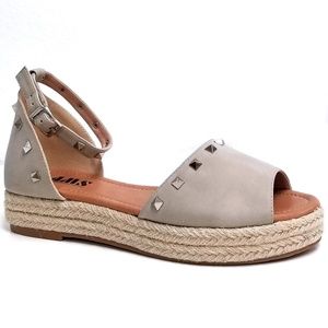 New Gray Studded Peep Toe Espadrille Flats Sandals